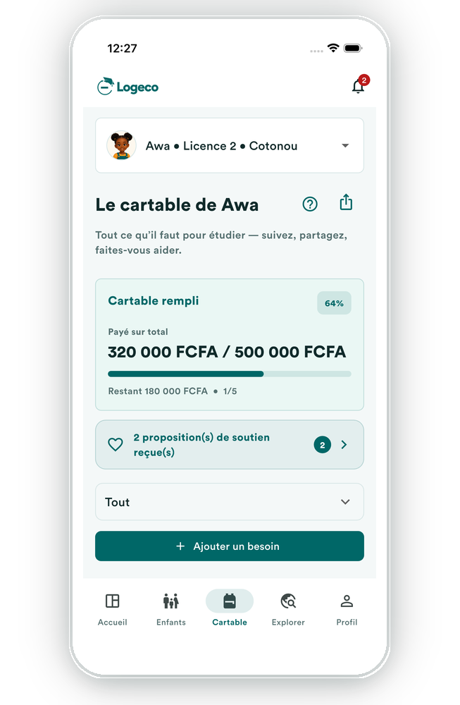 Le cartable, tout au même endroit